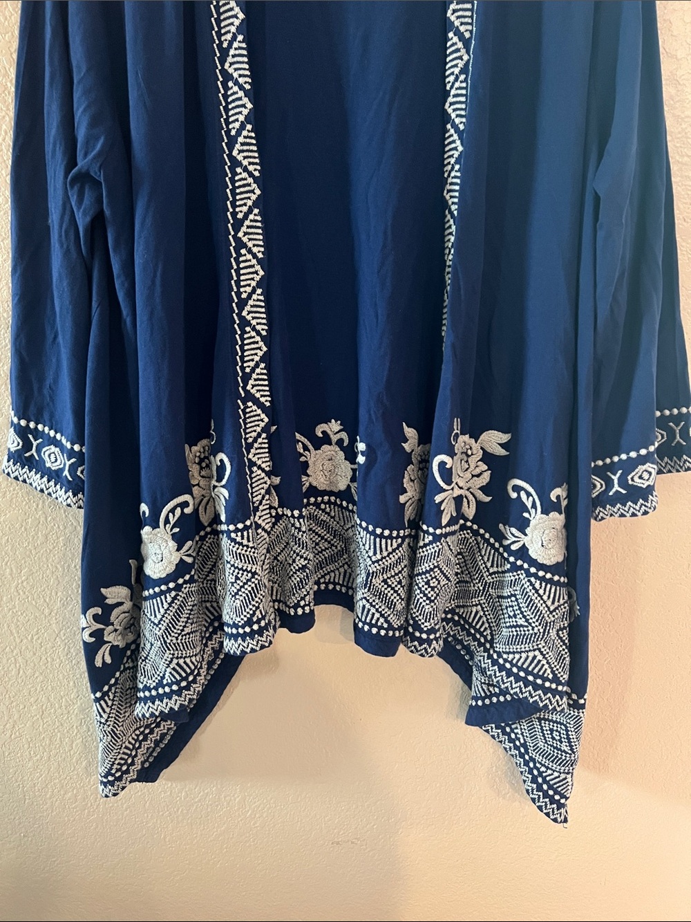 Johnny Was Navy Open-Front Embroidered Cardigan with White Trim - Picture 2 of 7